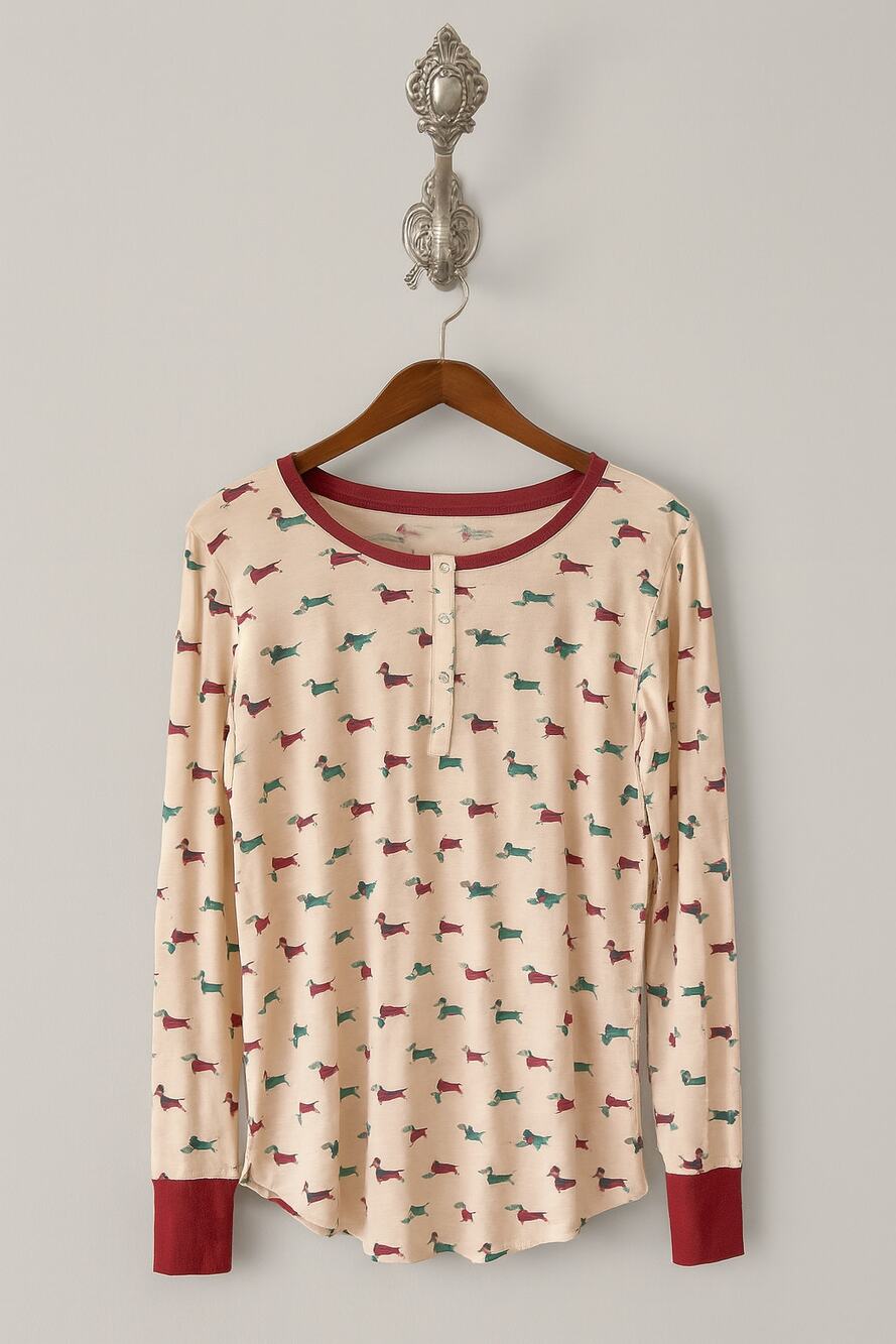 Kate Spade · Medium · Dachshund Print Pajama Top · Pink · Red Trim · Soft Knit